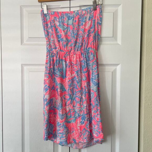 Lilly Pulitzer Windsor 100% Pink and Blue Strapless Cotton Dress • Size S - Picture 2 of 2